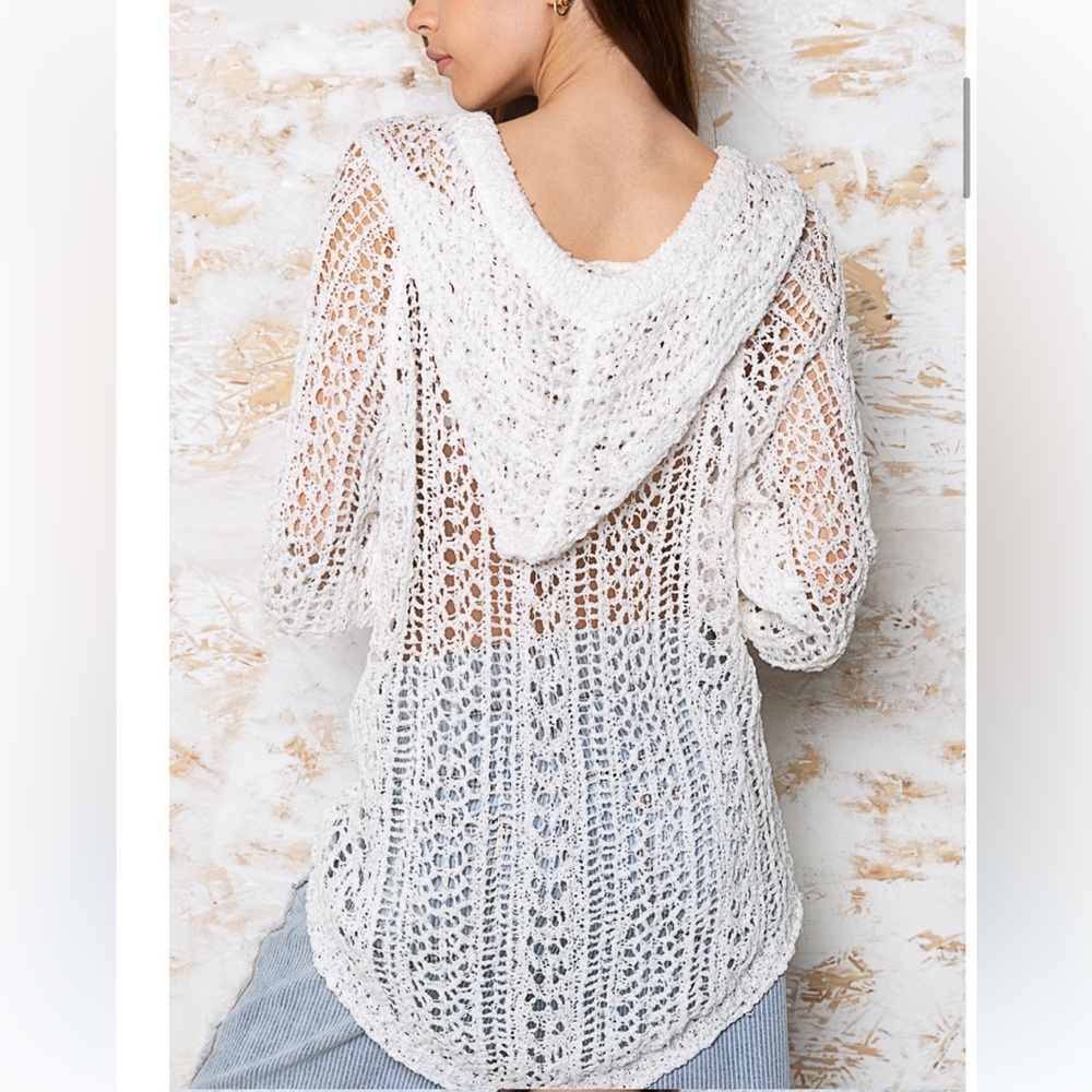 NWOT, Women’s Cream Open-Knit Hooded Sweater - Picture 3 of 3